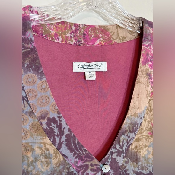Coldwater Creek (size PL)Silk Pink/Green/Blue V-neck Blouse with 3/4  Sleeves - Picture 3 of 12
